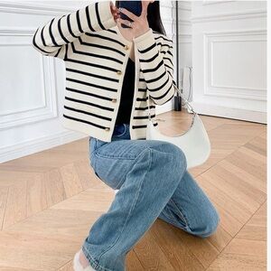 Amazon Brand Striped Button Up Cream White Black Cardigan Sweater Size Medium